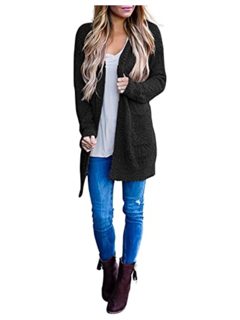 Womens Chunky Knit Long Cardigan Coat Open Front Sweater with Pockets - Picture 4 of 4